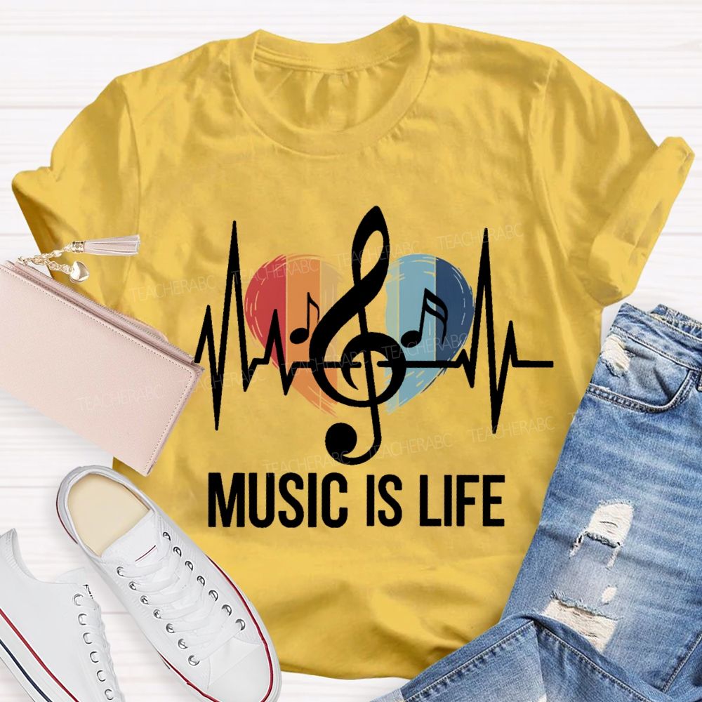 Music Is Life Colorful Heart Print Teacher T-shirt