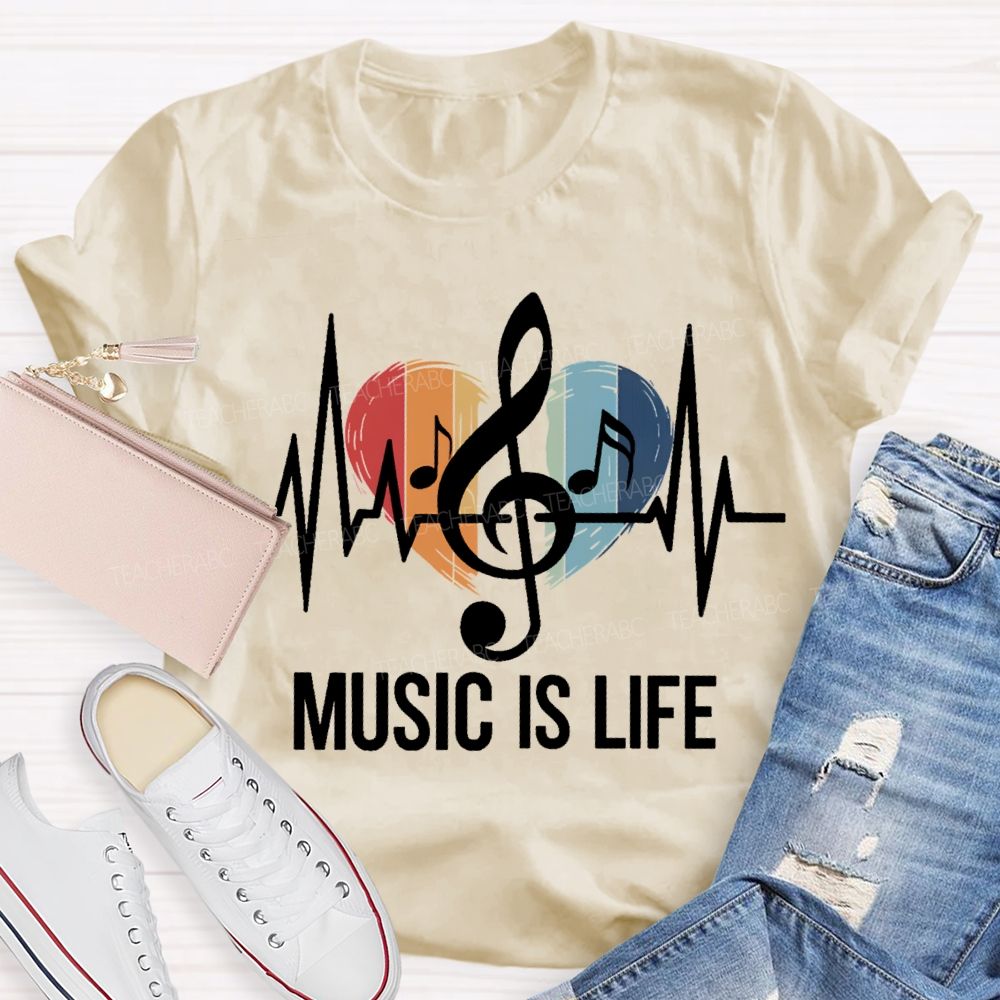 Music Is Life Colorful Heart Print Teacher T-shirt