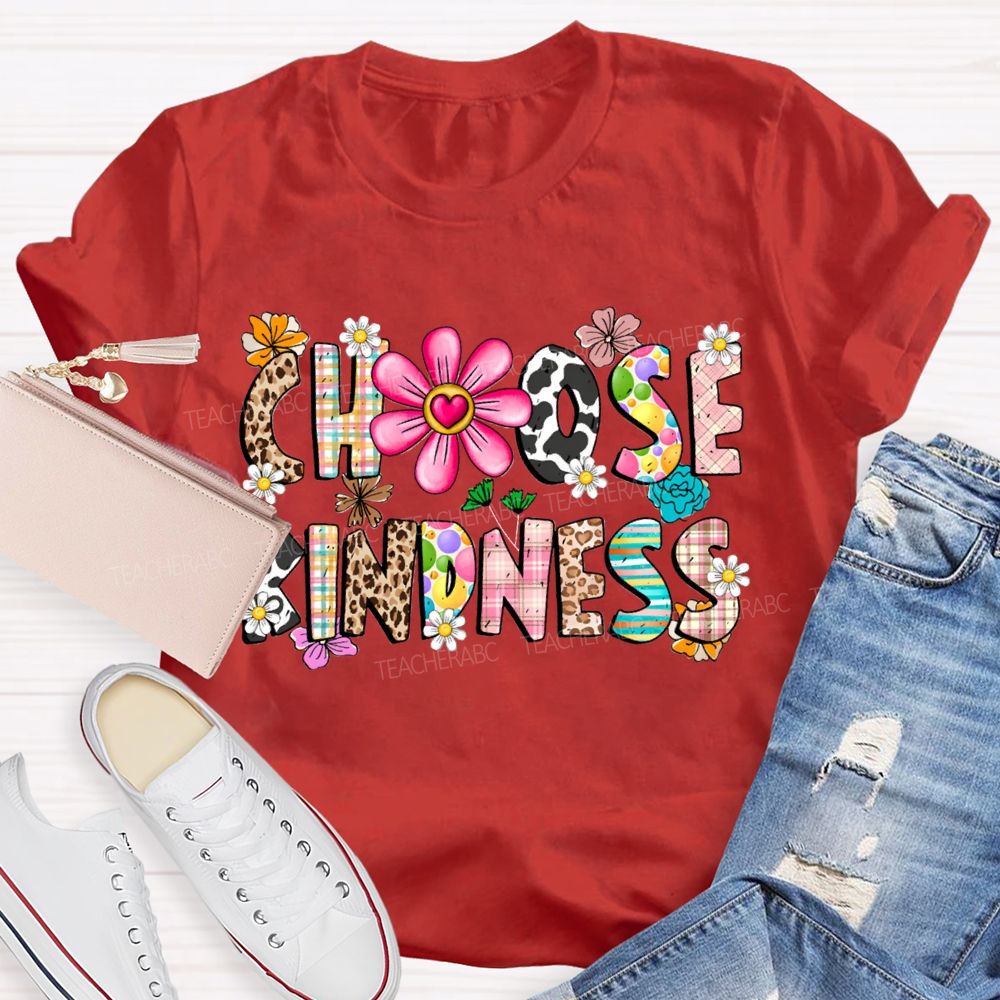 Choose Kindness Leopard-Print Font And Small Flowers Teacher T-shirt