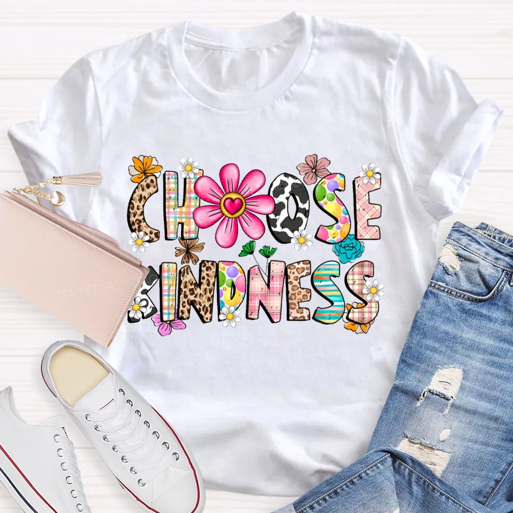 Choose Kindness Leopard-Print Font And Small Flowers Teacher T-shirt