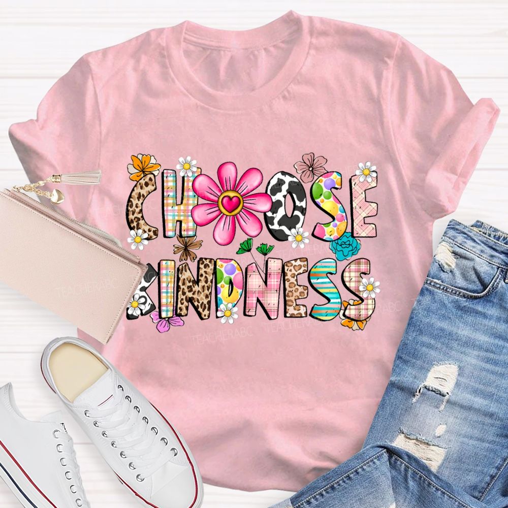 Choose Kindness Leopard-Print Font And Small Flowers Teacher T-shirt