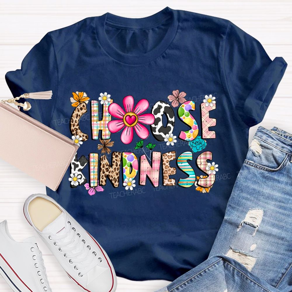 Choose Kindness Leopard-Print Font And Small Flowers Teacher T-shirt