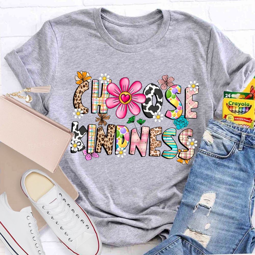 Choose Kindness Leopard-Print Font And Small Flowers Teacher T-shirt