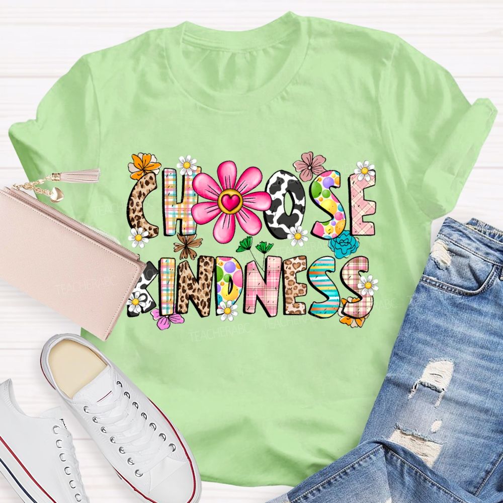 Choose Kindness Leopard-Print Font And Small Flowers Teacher T-shirt