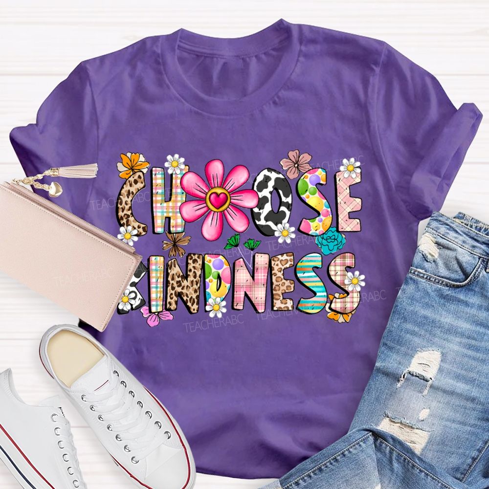 Choose Kindness Leopard-Print Font And Small Flowers Teacher T-shirt