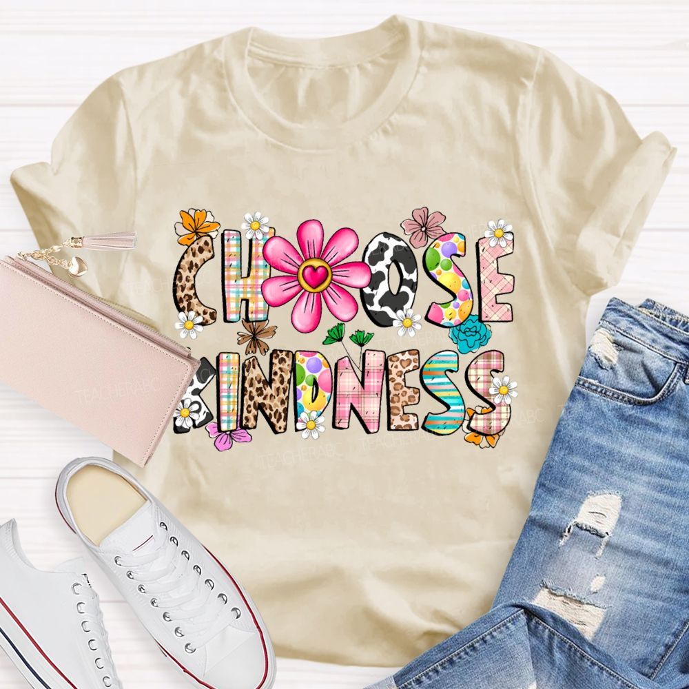 Choose Kindness Leopard-Print Font And Small Flowers Teacher T-shirt