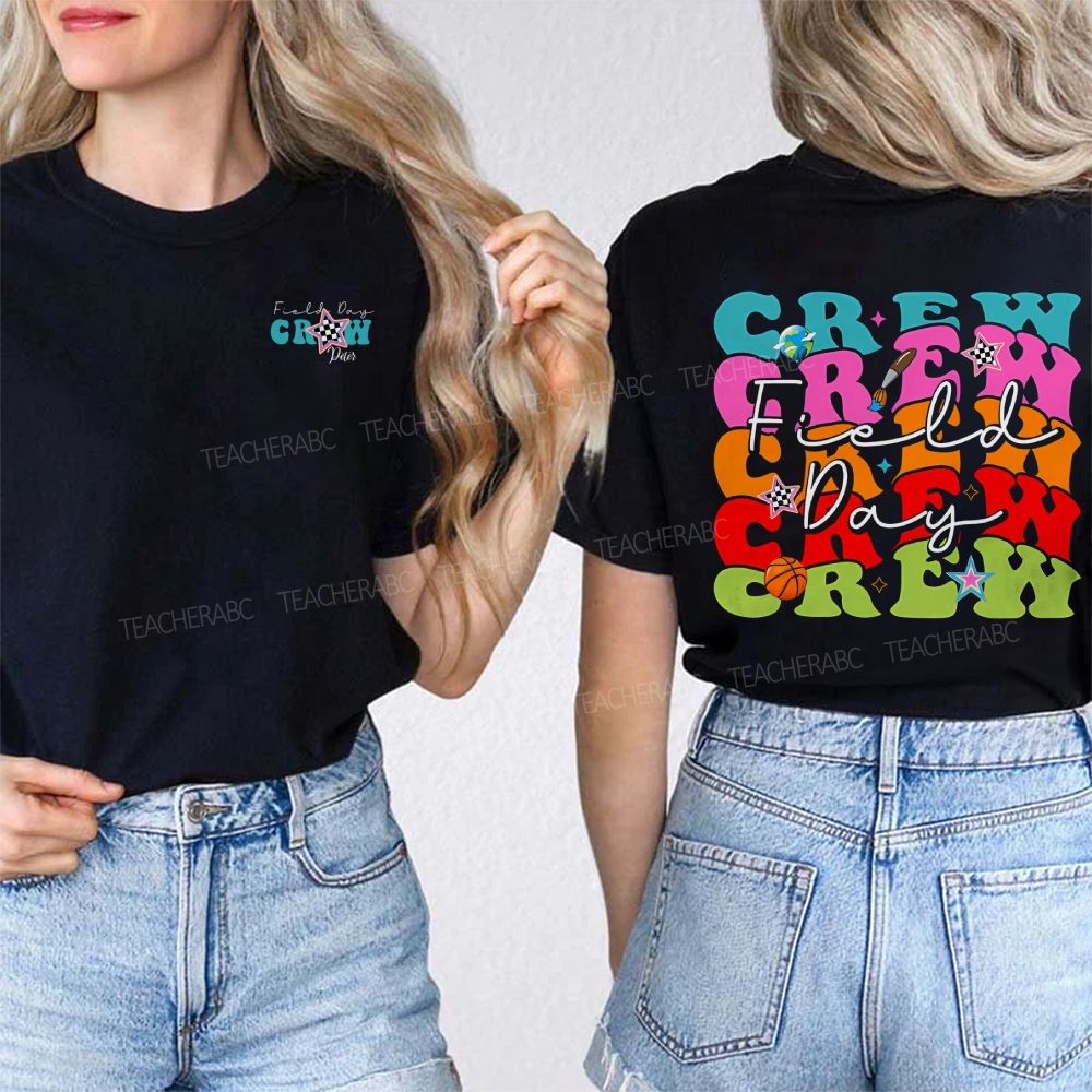Personalized Name Field Day Crew And Colored Fonts Double Printed T-shirt