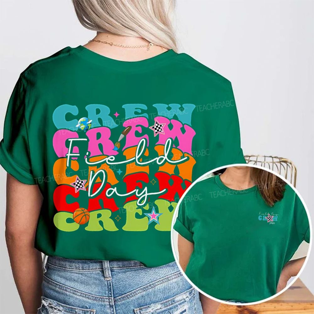 Personalized Name Field Day Crew And Colored Fonts Double Printed T-shirt
