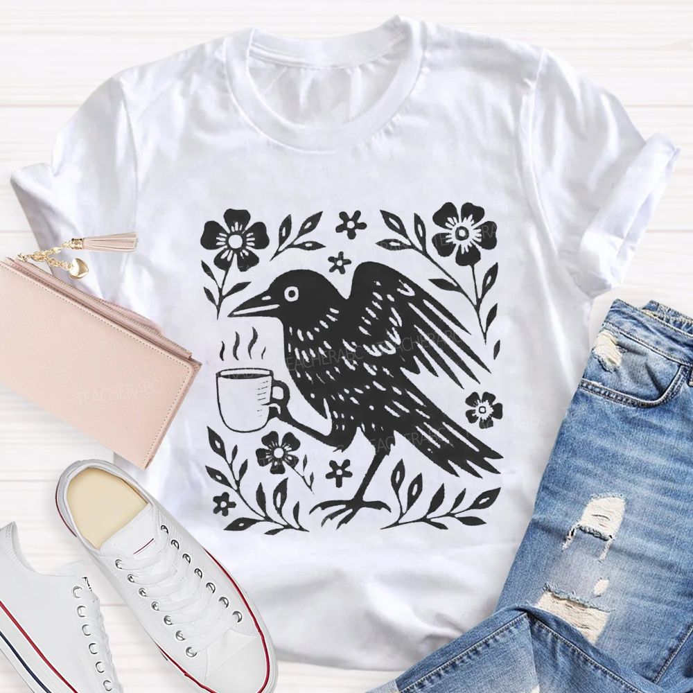 Boho Crow Drinking Coffee Teacher T-shirt