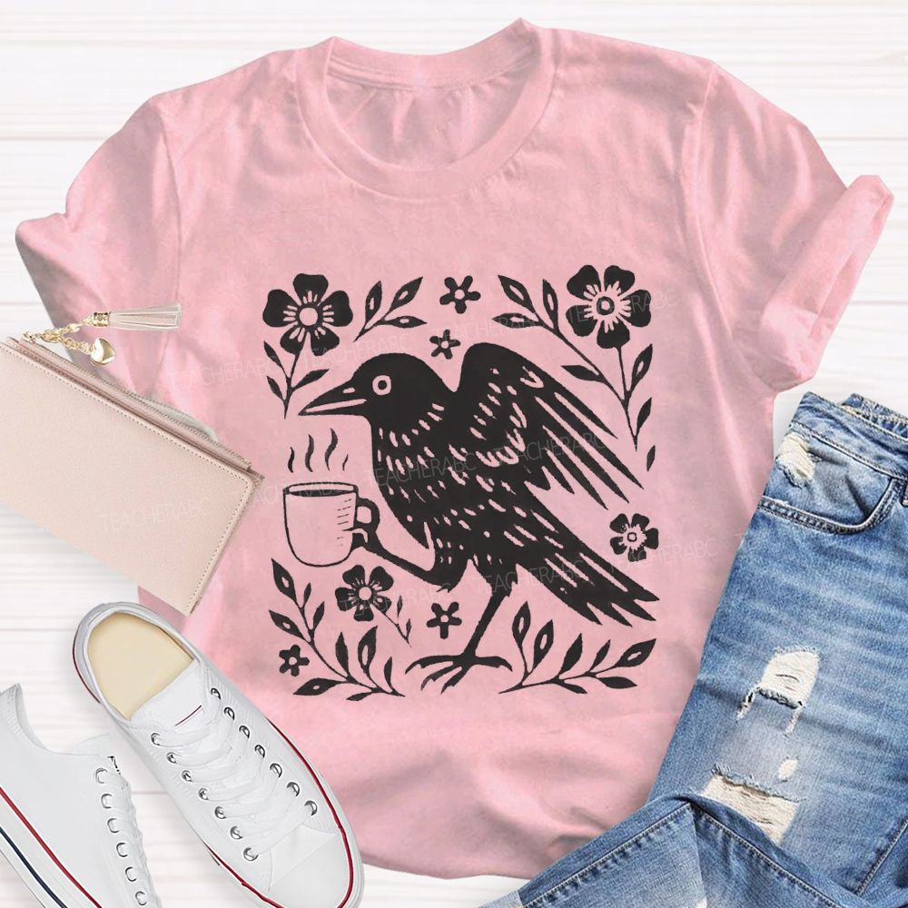 Boho Crow Drinking Coffee Teacher T-shirt