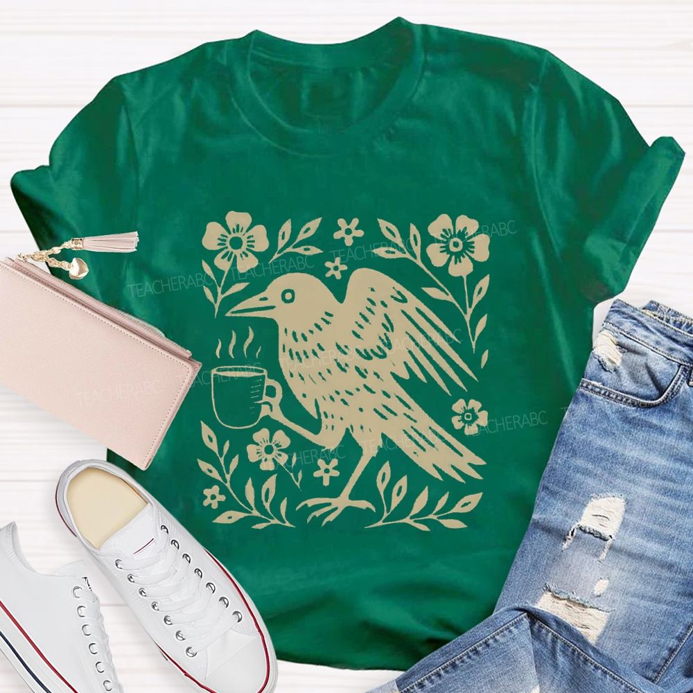 Boho Crow Drinking Coffee Teacher T-shirt