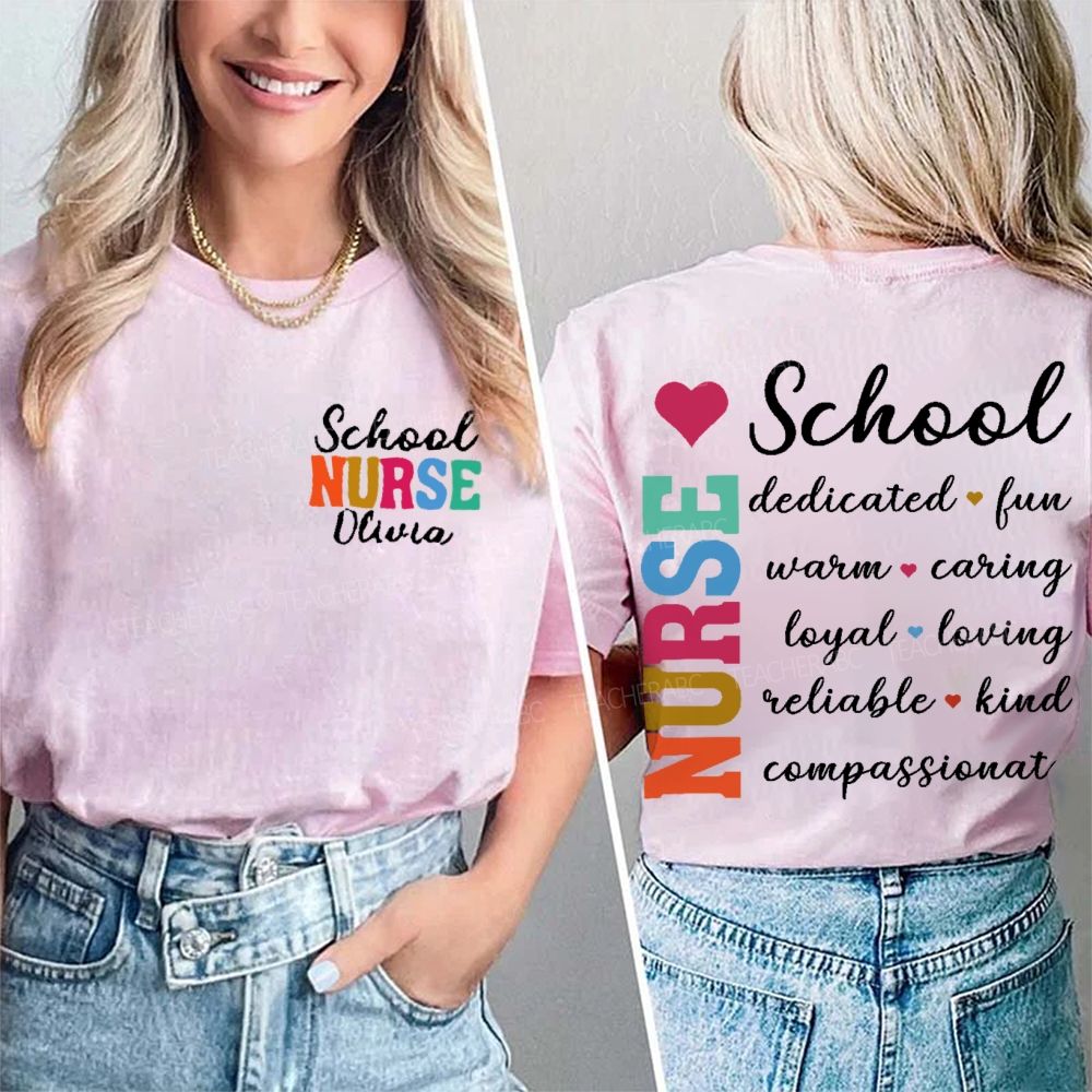 Personalized Name  School Nurse Dedicated   Fun   Warm  Double Printed T-shirt