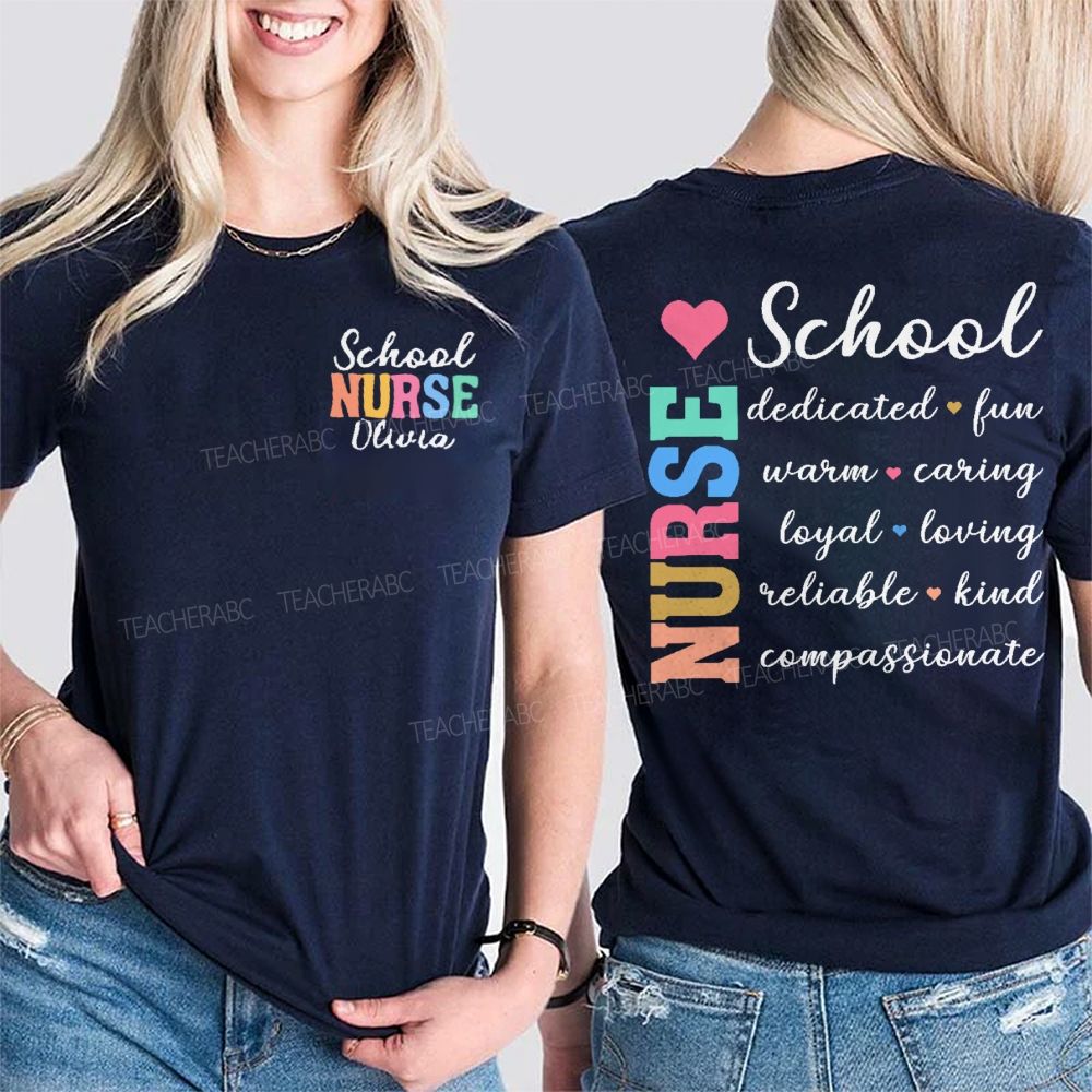 Personalized Name  School Nurse Dedicated   Fun   Warm  Double Printed T-shirt