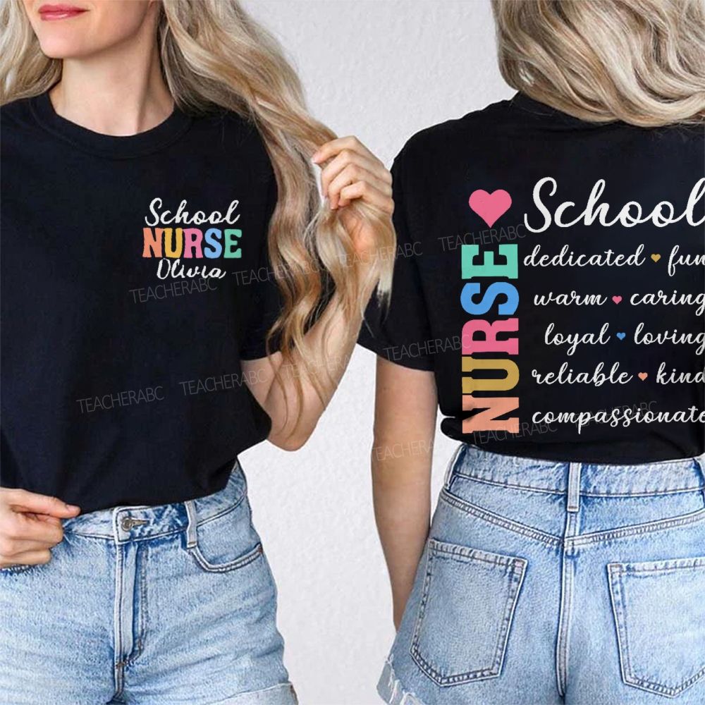 Personalized Name  School Nurse Dedicated   Fun   Warm  Double Printed T-shirt