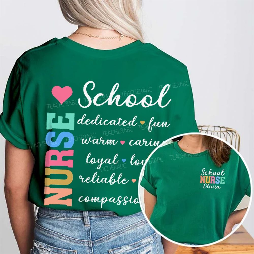 Personalized Name  School Nurse Dedicated   Fun   Warm  Double Printed T-shirt