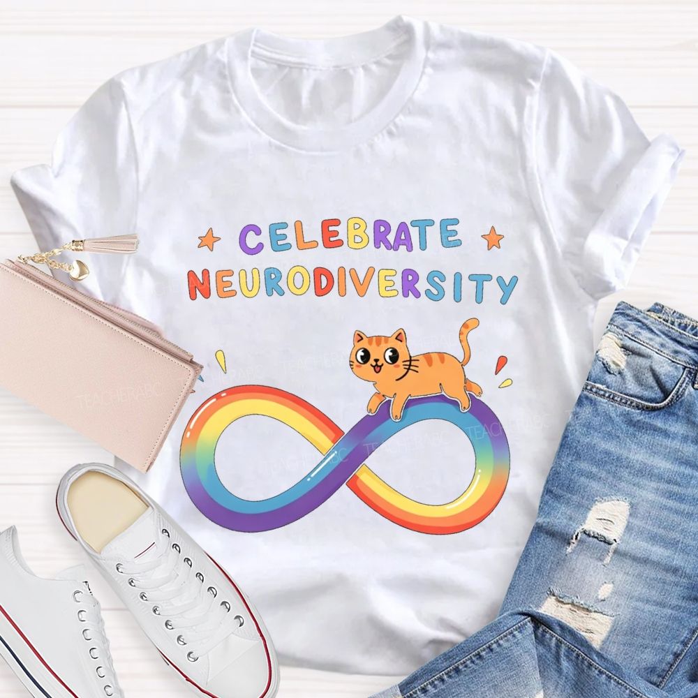 Celebrate Neurodiversity Rainbow Infinity Symbol And Cat Teacher T-shirt