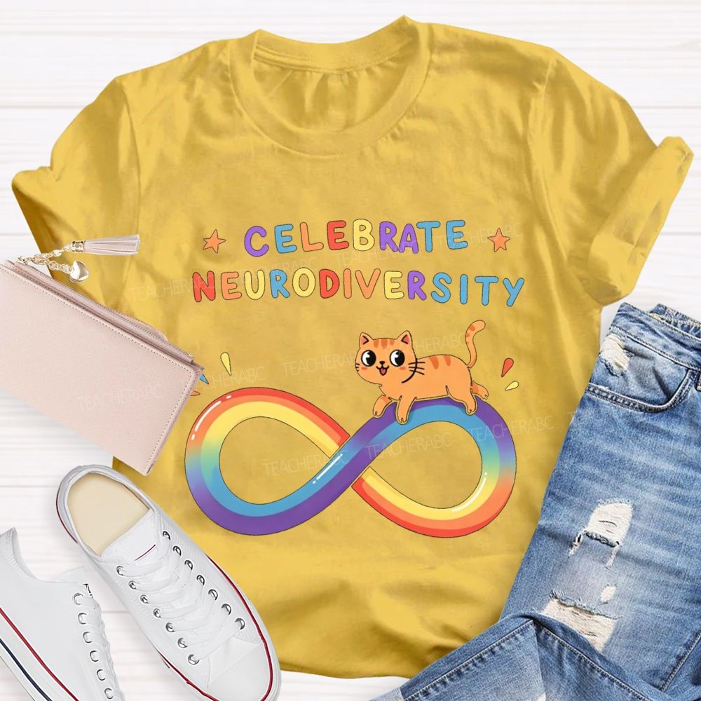 Celebrate Neurodiversity Rainbow Infinity Symbol And Cat Teacher T-shirt