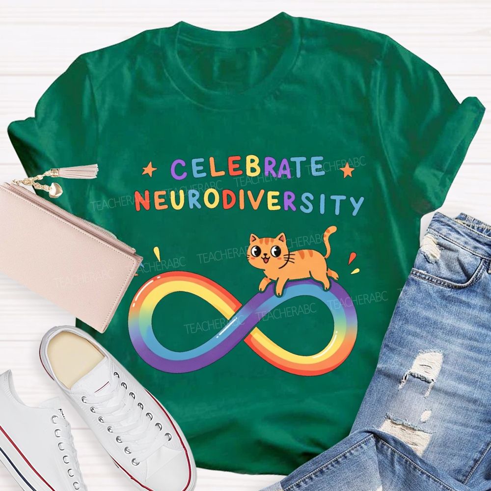 Celebrate Neurodiversity Rainbow Infinity Symbol And Cat Teacher T-shirt