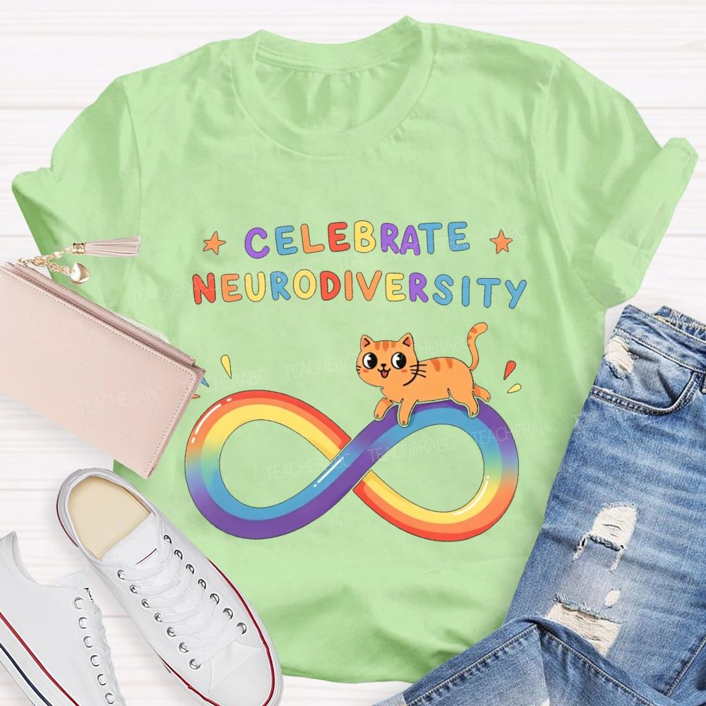 Celebrate Neurodiversity Rainbow Infinity Symbol And Cat Teacher T-shirt