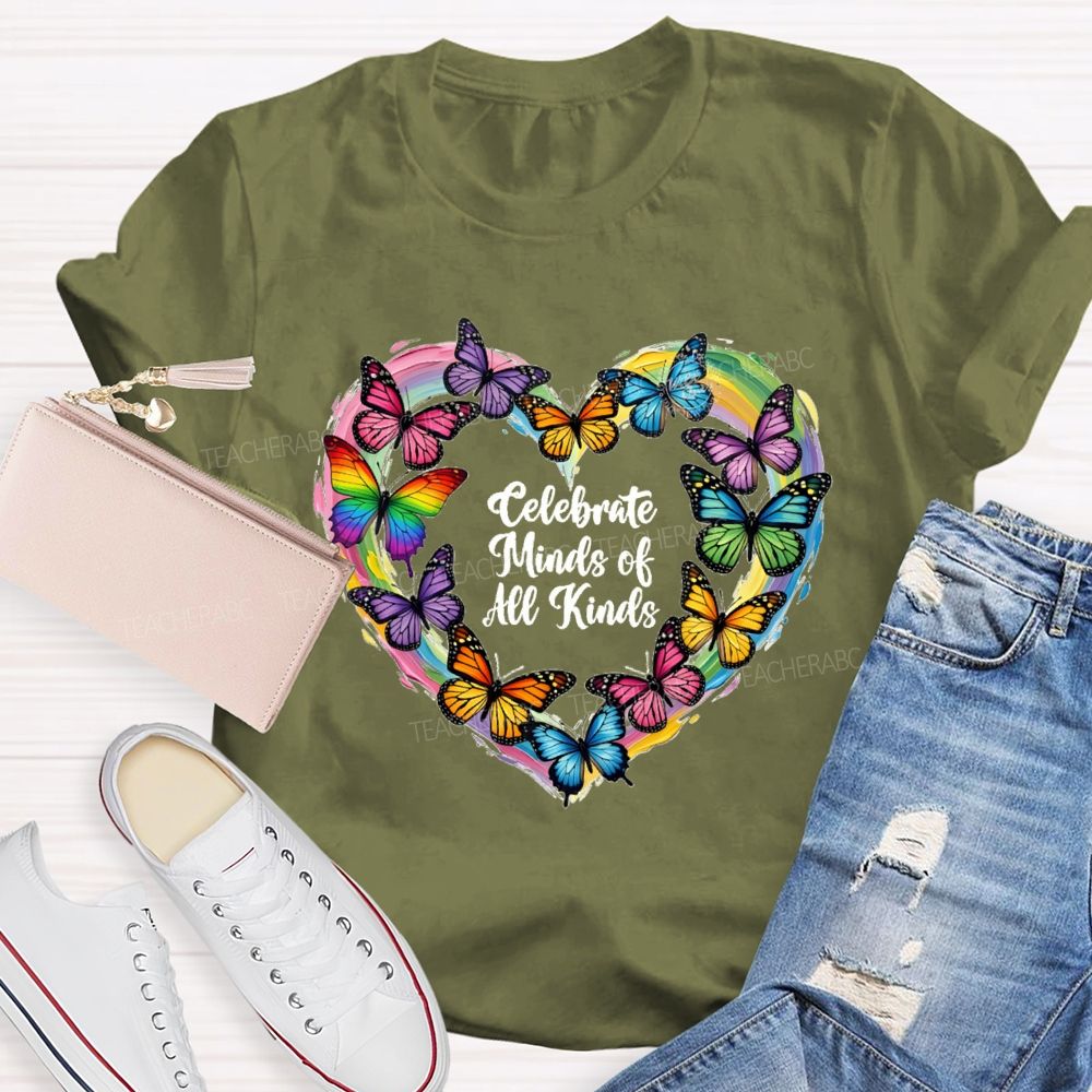 Celebrate Minds Of All Kinds Tie-Dyed Hearts And Colorful Butterflies T-shirt