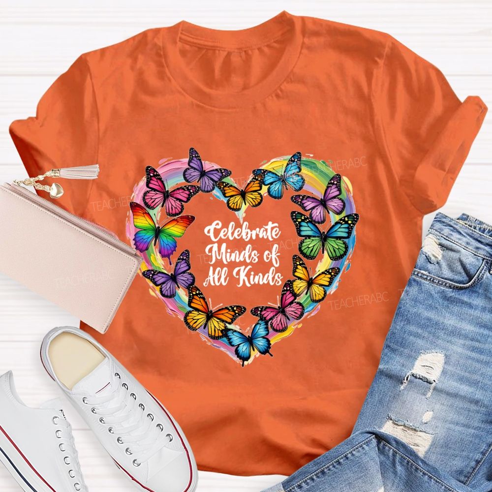Celebrate Minds Of All Kinds Tie-Dyed Hearts And Colorful Butterflies T-shirt