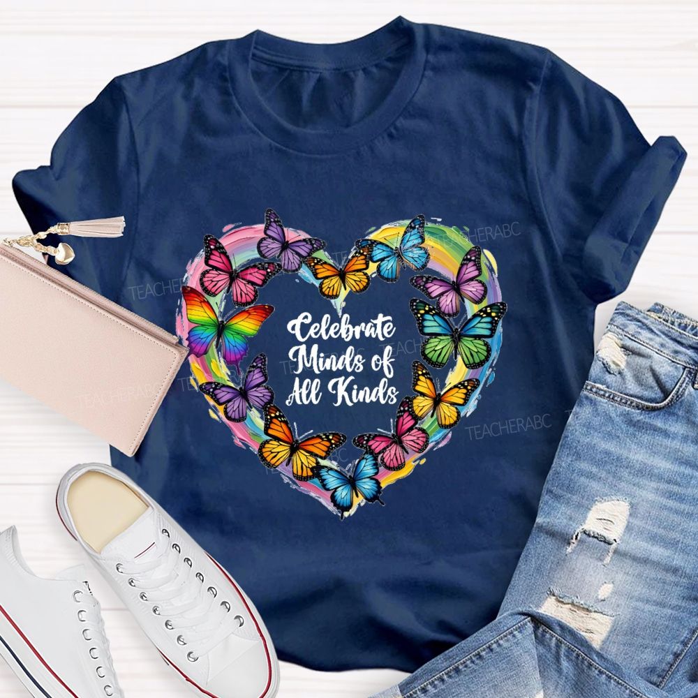 Celebrate Minds Of All Kinds Tie-Dyed Hearts And Colorful Butterflies T-shirt
