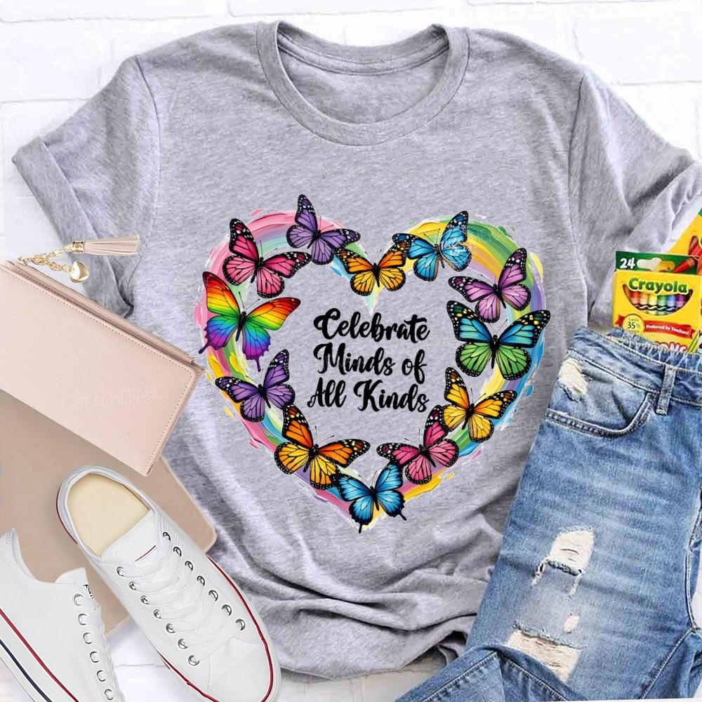 Celebrate Minds Of All Kinds Tie-Dyed Hearts And Colorful Butterflies T-shirt