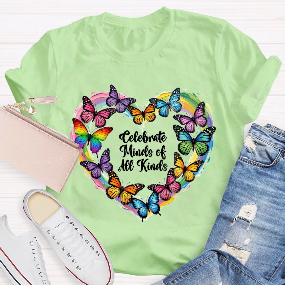 Celebrate Minds Of All Kinds Tie-Dyed Hearts And Colorful Butterflies T-shirt
