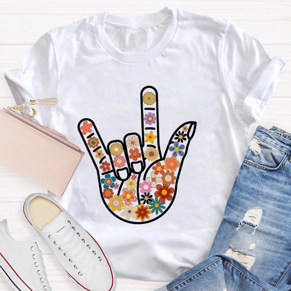 Floral Hands Love Sign Teacher T-shirt