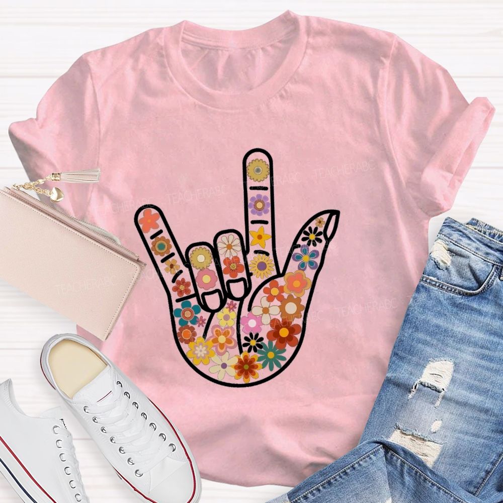 Floral Hands Love Sign Teacher T-shirt
