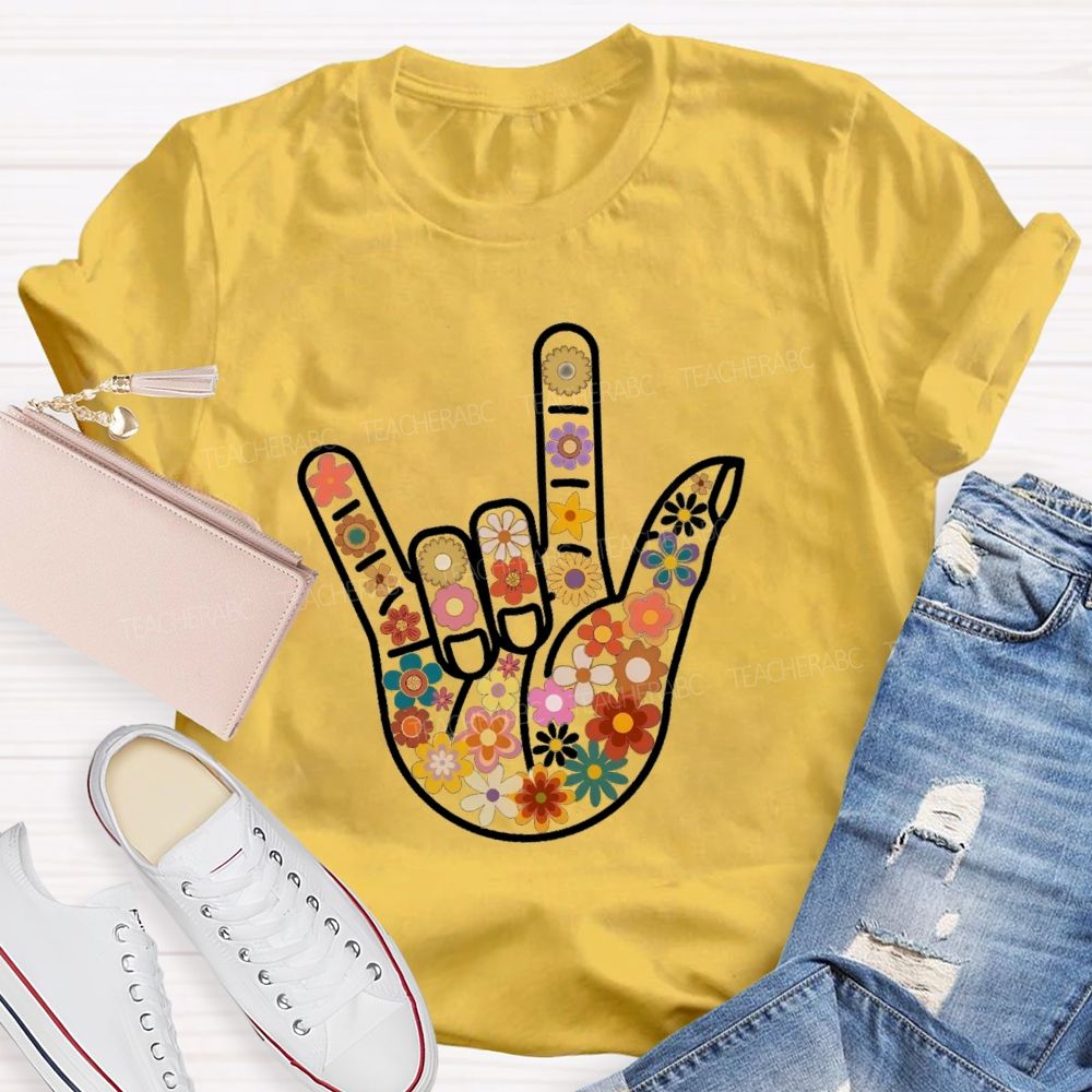 Floral Hands Love Sign Teacher T-shirt