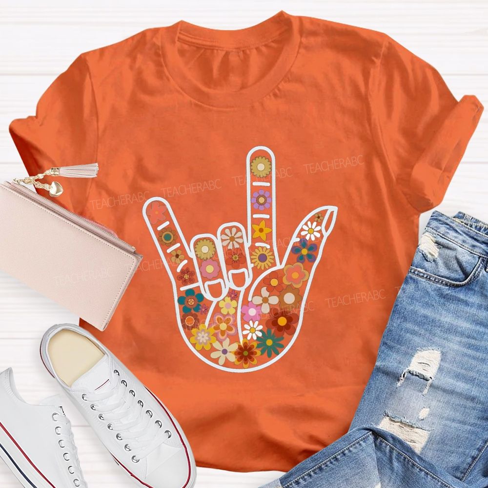 Floral Hands Love Sign Teacher T-shirt