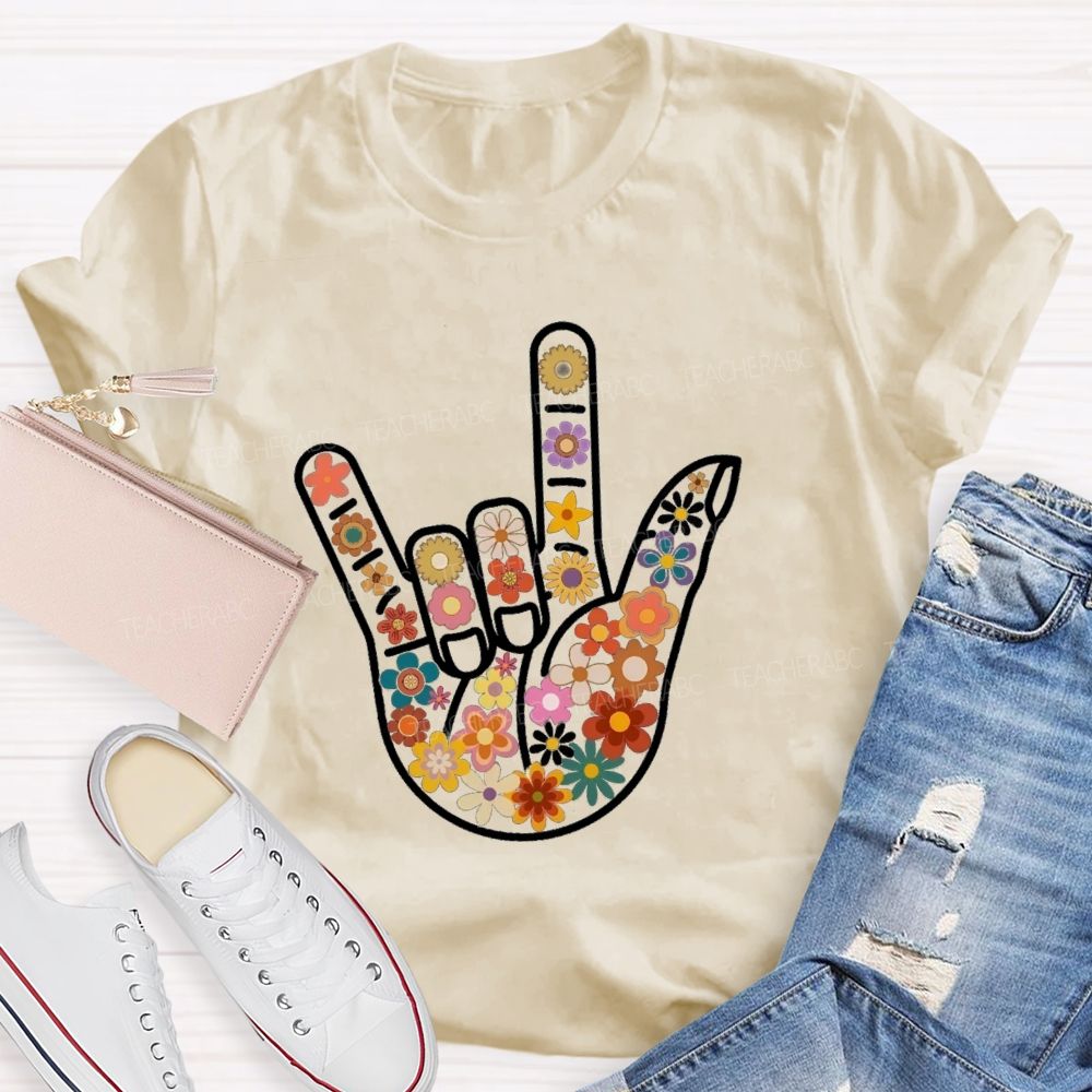 Floral Hands Love Sign Teacher T-shirt