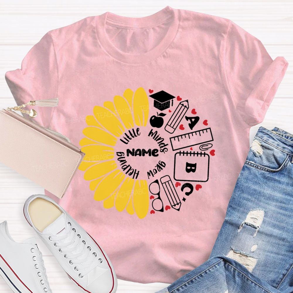 Personalized Name Helping Little Minds Grow Sunflower Teacher T-Shirt