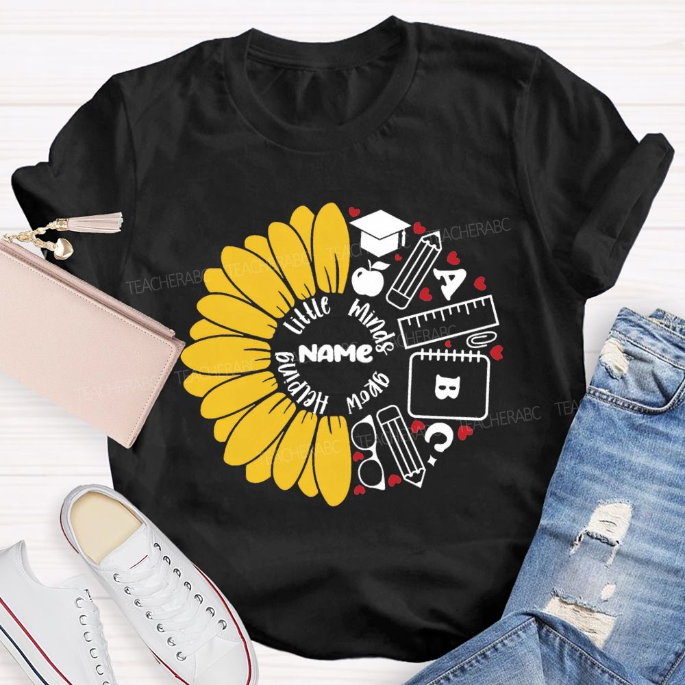 Personalized Name Helping Little Minds Grow Sunflower Teacher T-Shirt
