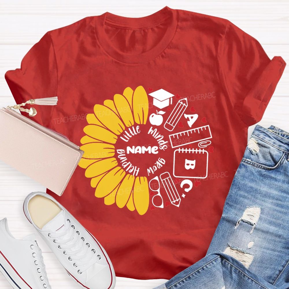 Personalized Name Helping Little Minds Grow Sunflower Teacher T-Shirt