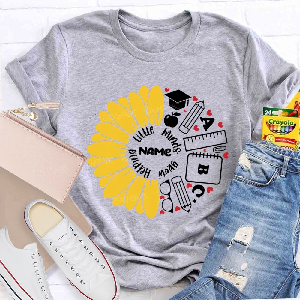 Personalized Name Helping Little Minds Grow Sunflower Teacher T-Shirt