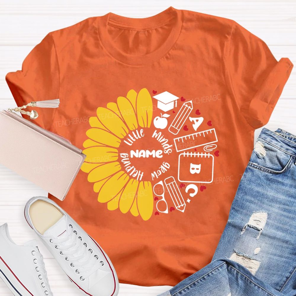 Personalized Name Helping Little Minds Grow Sunflower Teacher T-Shirt