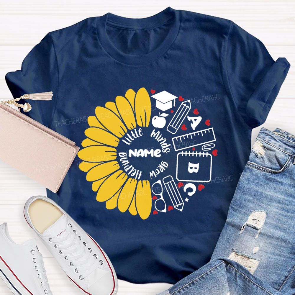 Personalized Name Helping Little Minds Grow Sunflower Teacher T-Shirt