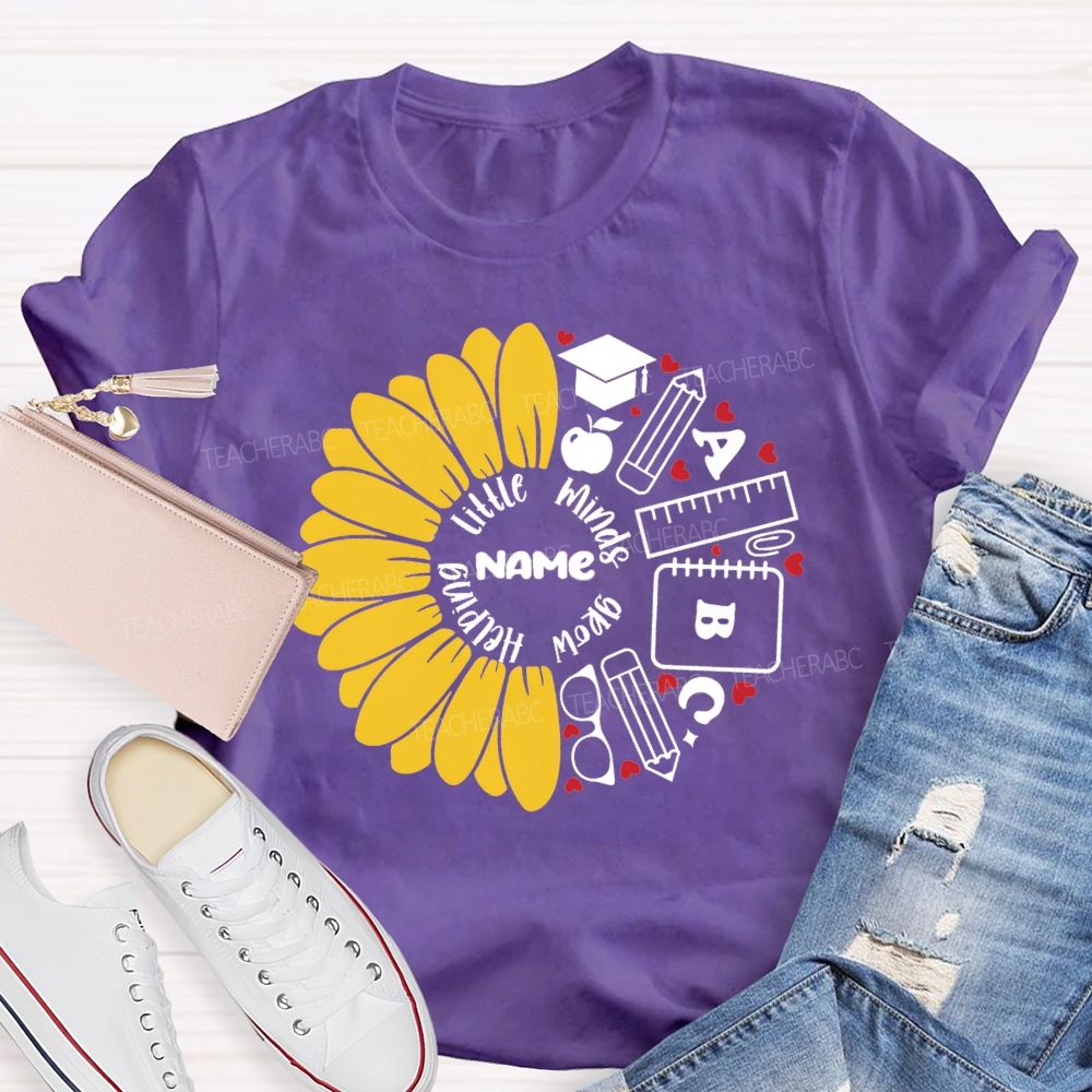 Personalized Name Helping Little Minds Grow Sunflower Teacher T-Shirt