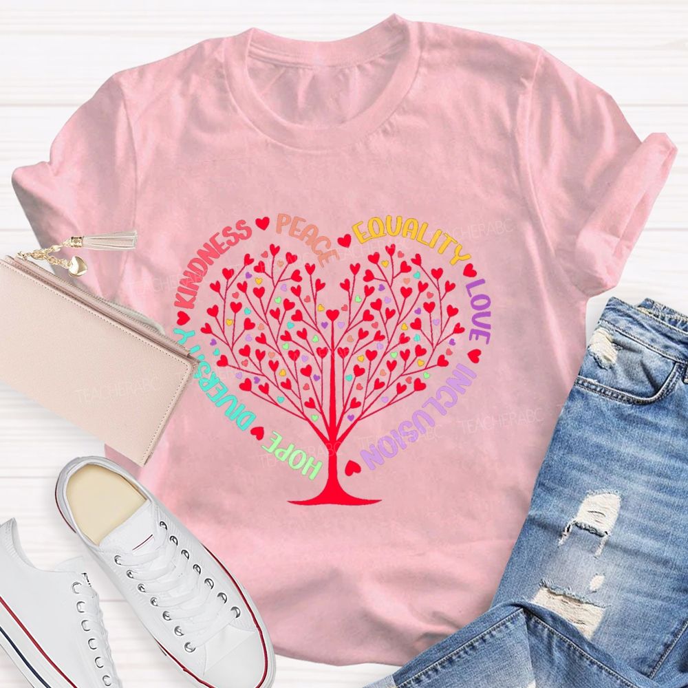 Hope Diversity Kindness Peace Equality Love Inclusion Heart Teacher T-Shirt