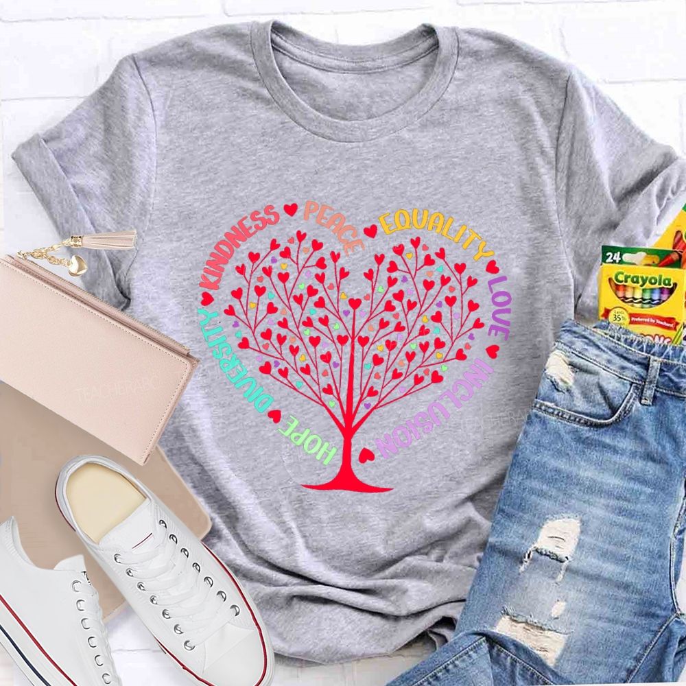 Hope Diversity Kindness Peace Equality Love Inclusion Heart Teacher T-Shirt