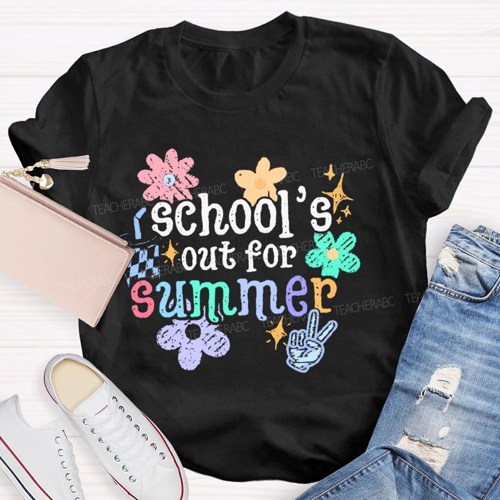 School's Out For Summer Flower Graphic  Teacher T-shirt