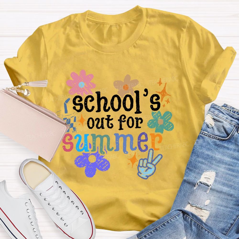 School's Out For Summer Flower Graphic  Teacher T-shirt