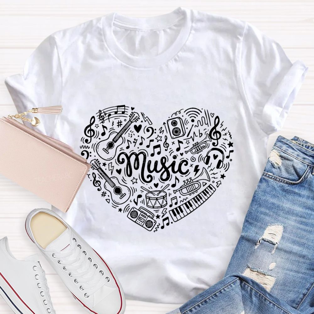 Music Heart Musical Notes And Instruments Teacher T-shirt