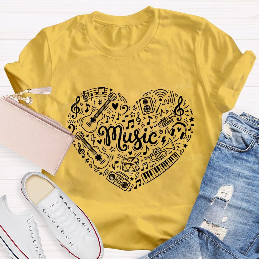 Music Heart Musical Notes And Instruments Teacher T-shirt