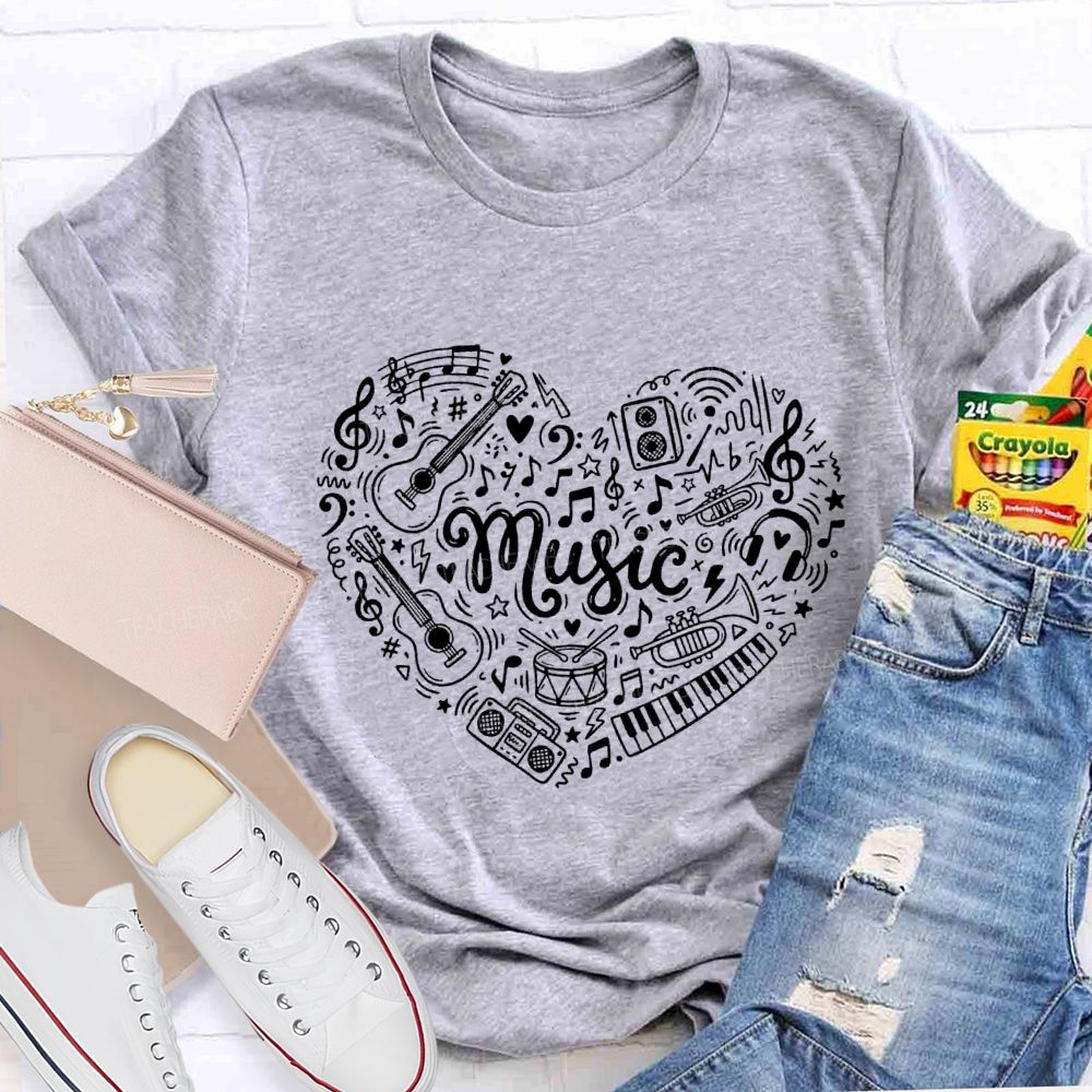 Music Heart Musical Notes And Instruments Teacher T-shirt