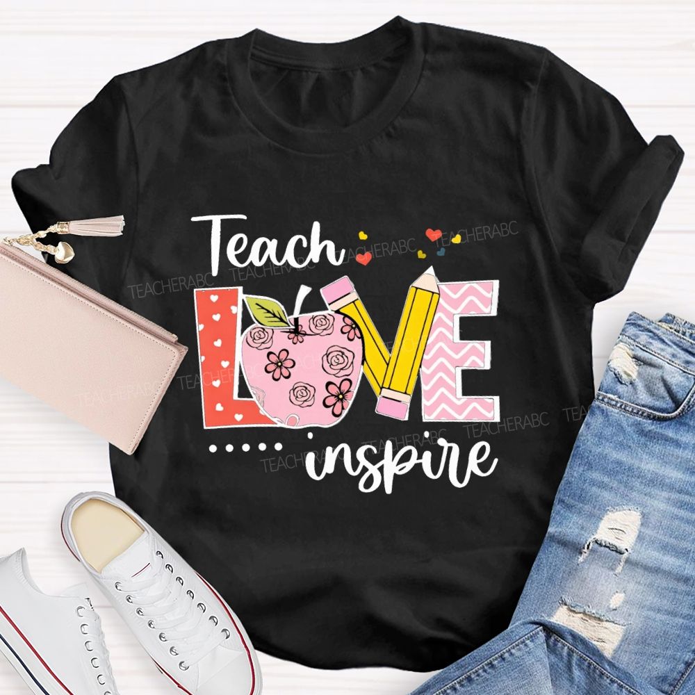 Teach Love Inspire Pink Heart Apple Teacher T-Shirt