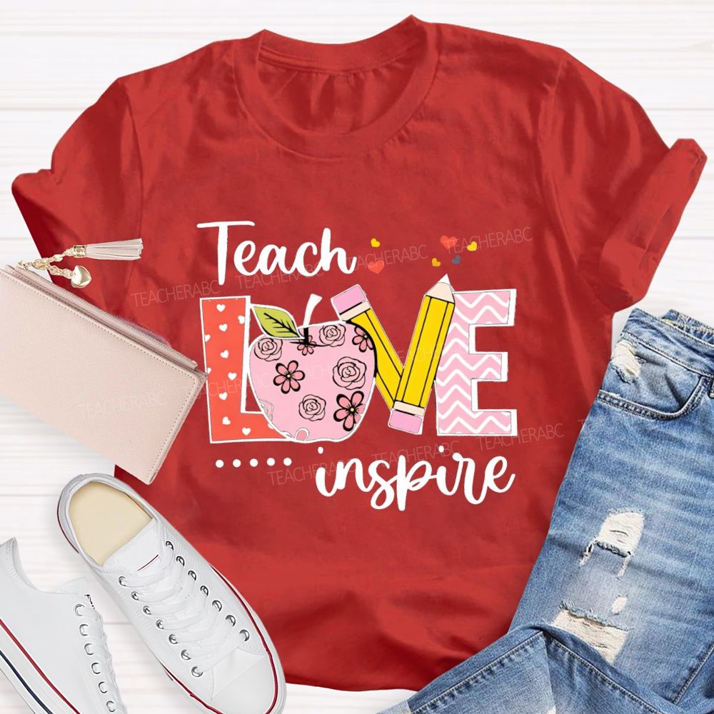 Teach Love Inspire Pink Heart Apple Teacher T-Shirt