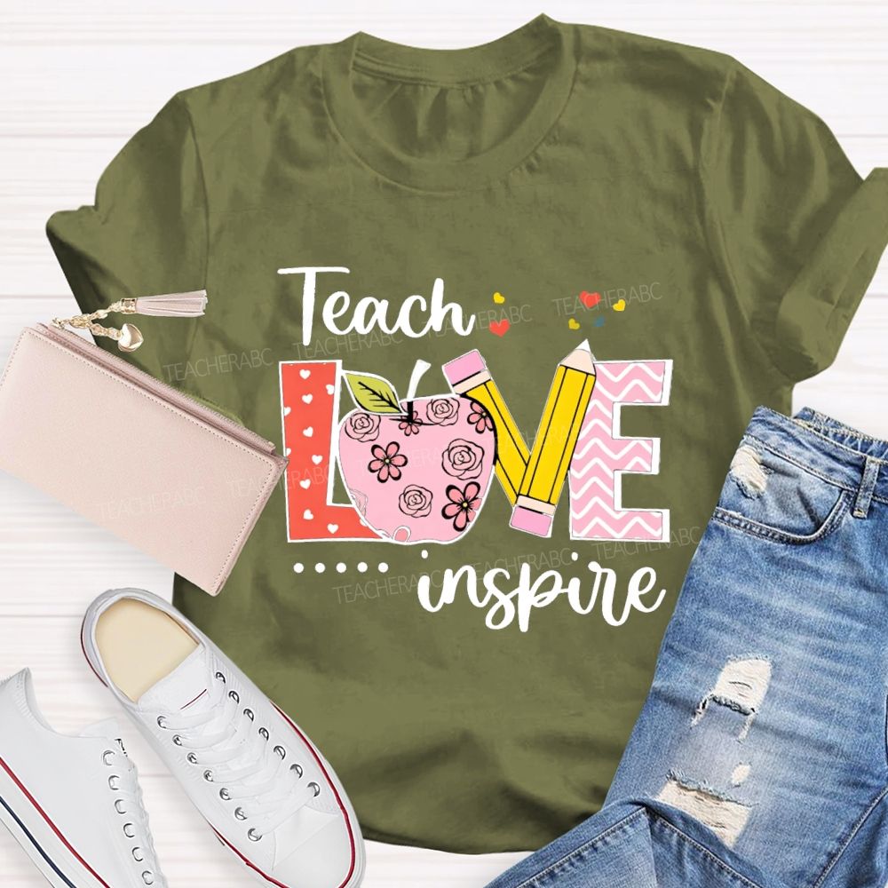 Teach Love Inspire Pink Heart Apple Teacher T-Shirt